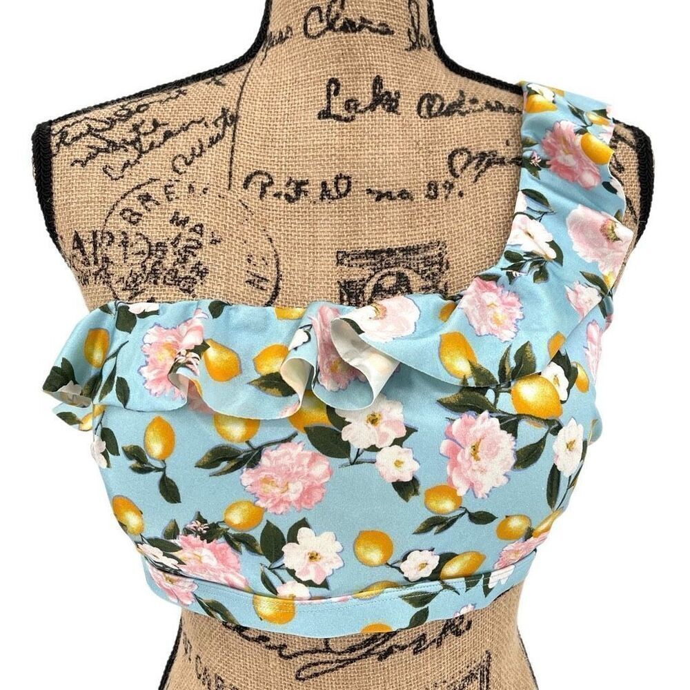 Victoria's Secret Swim Ruffle Bikini‎ Top One Shoulder Padded Lemons Large Blue